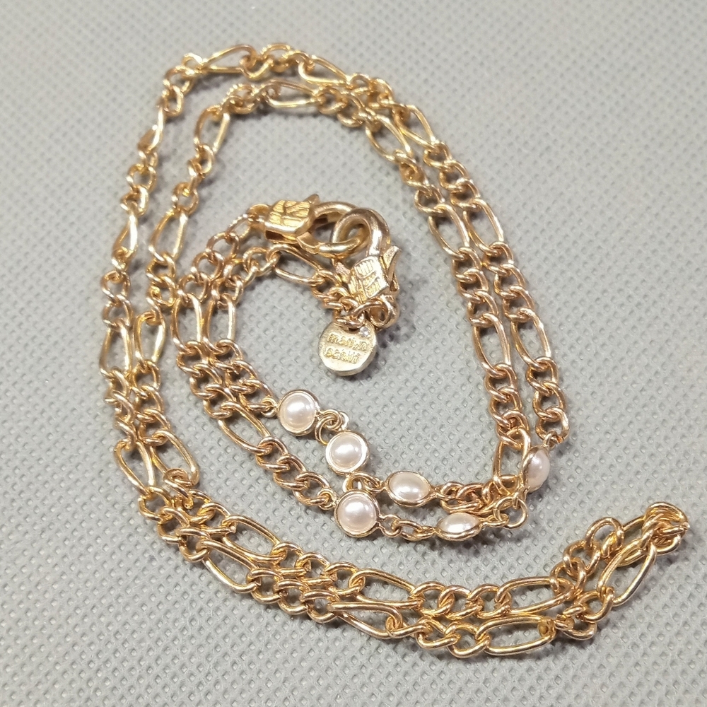 Pearl Accented Gold Plated Figaro Necklace 25" Marilyn Schiff Women's Jewelry